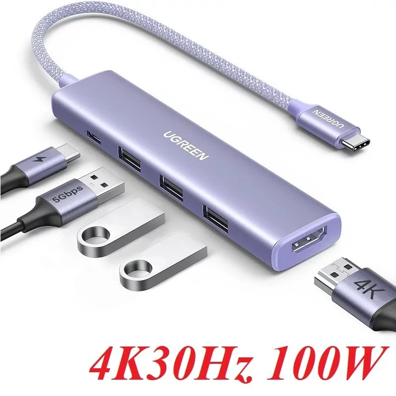 محول يو جرين 5 في 1 بمنفذ USB-C، 3 منافذ USB 3.0، HDMI 4K@30Hz، 100 واط PD، بنفسجي كريمي - يوجرين